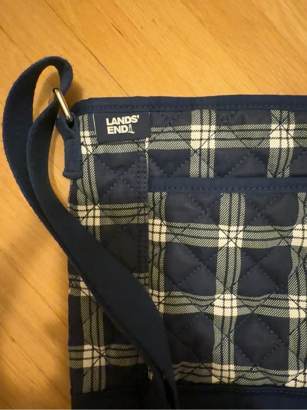 Lands’ End Navy Plaid Quilted Crossbody Bag Adjustable Strap